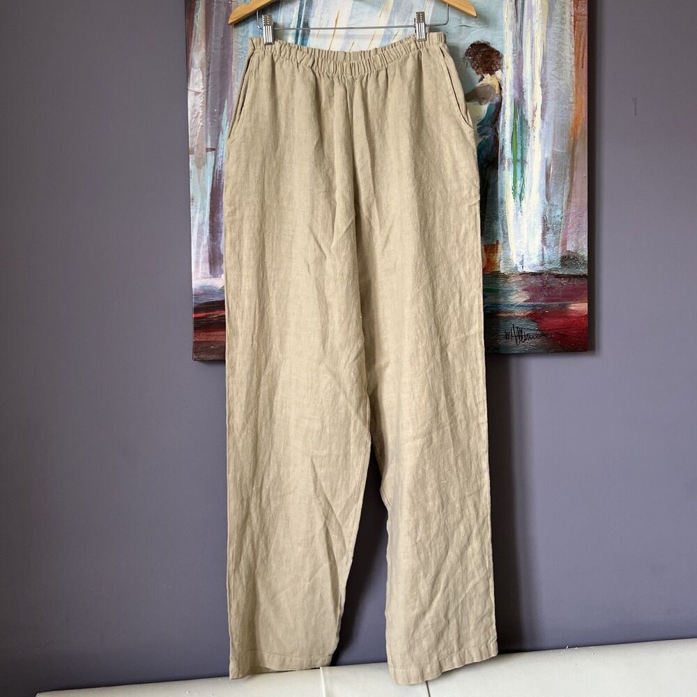Chalet Sz M-L Tall Natural 100%Linen Relaxed Pant Wide Waist Elastic💖